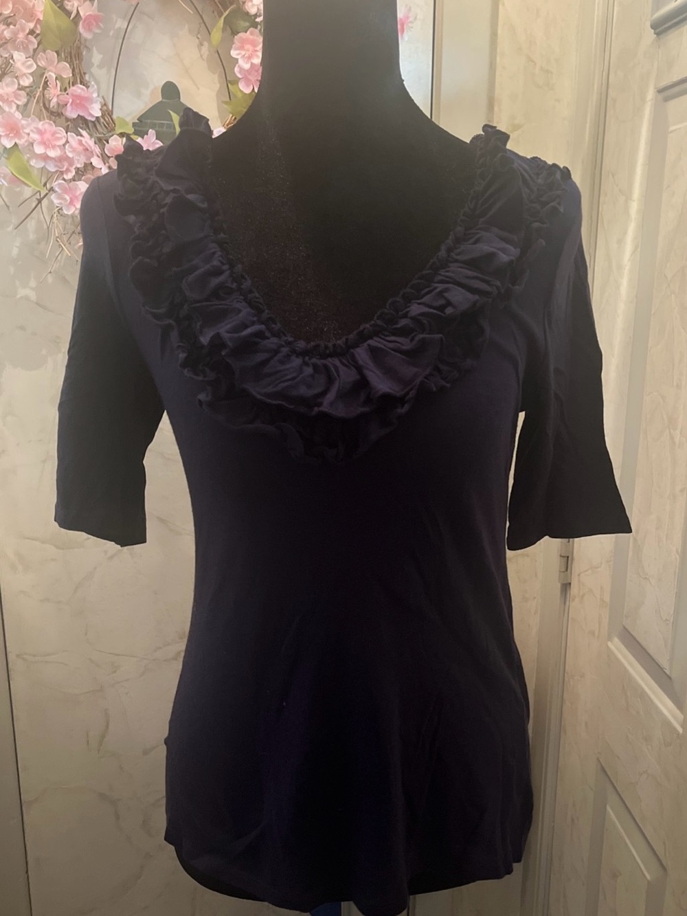 Express Navy Ruffle V-Neck Long Sleeve Dress Top